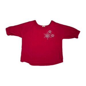 Lavish Plus Vtg 1X Red Knit 3/4 Sleeve Holiday Snowflake Round Neck Top READ
